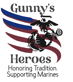 Logo with "Gunny's Heroes" and "Honoring Tradition, Supporting Marines" text. Features an eagle, globe, and anchor with red and blue stripes.