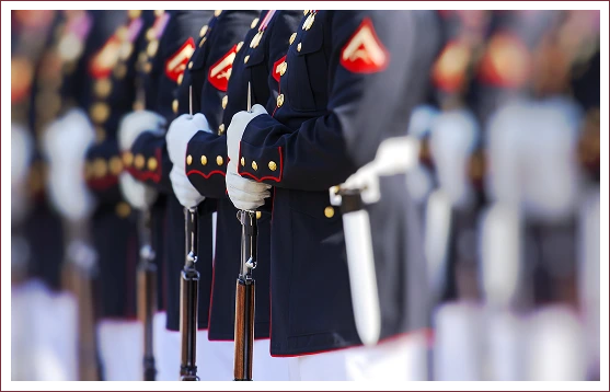 Group 8-2 Line of uniformed soldiers in dark blue uniforms, holding rifles with white gloved hands, standing in formation.
