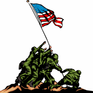 Soldiers raising American flag on hilltop.